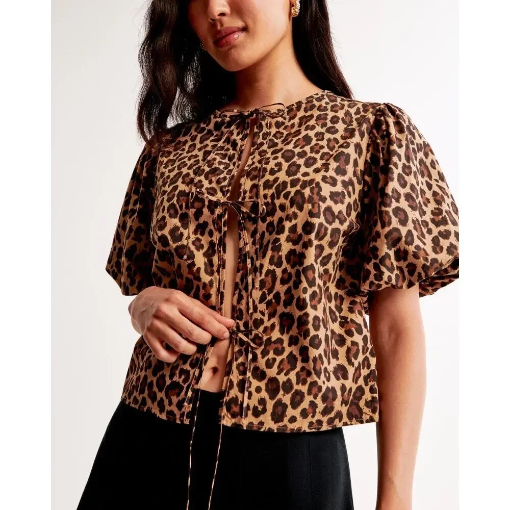 Abercrombie‎ & Fitch Short-Sleeve Tie-Front Top Leopard Print Size Large NWT